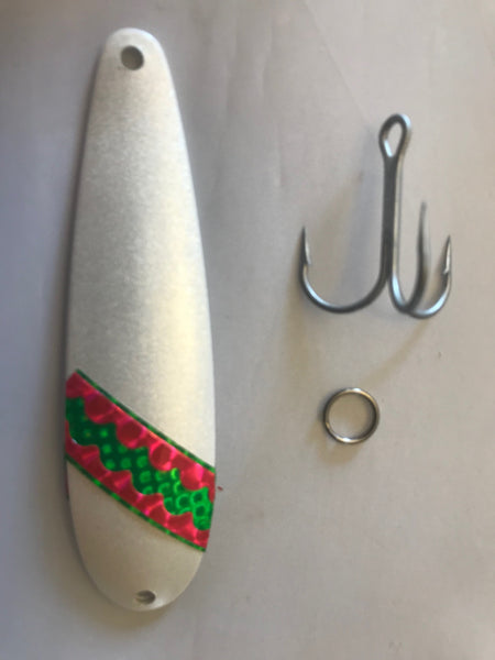 white with pink fishing spoon for trolling